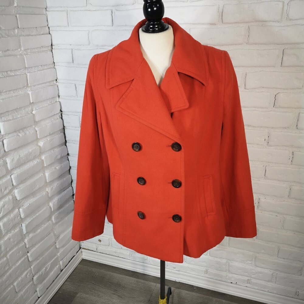 Old Navy Ladies Size Large Orange Lined Button Closure Wool Blend Coat
